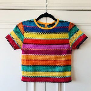 Topshop Bright Multicoloured Rainbow Striped Crochet Short Sleeve Top - Size S